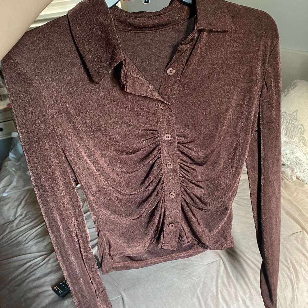 brown long sleeve button up top